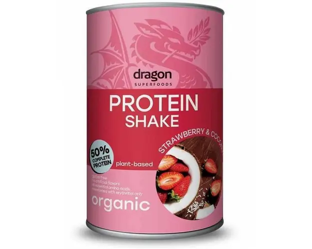 Shake proteic capsuni si cocos, eco-bio, 450g - Dragon Superfoods