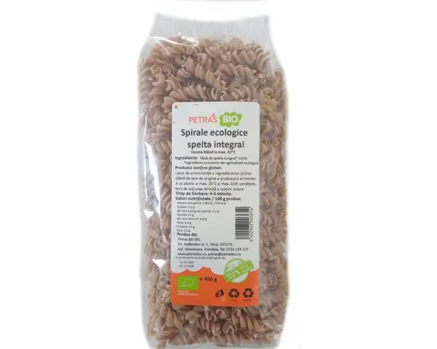 Spirale din faina integrala de grau spelta eco-bio, 400g, Petras Bio