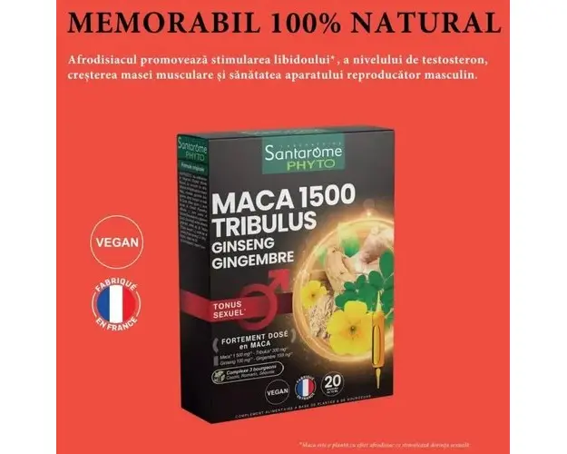 Maca 1500 Tribulus - Supliment Reglator Hormonal, 20 fiole | Santarome Bio