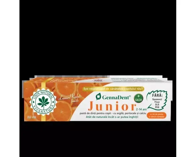 GennaDent Junior Portocale  Pasta de Dinti Naturala pentru Copii cu Argila si Portocale, fara Fluor, 80 ml | Vivanatura