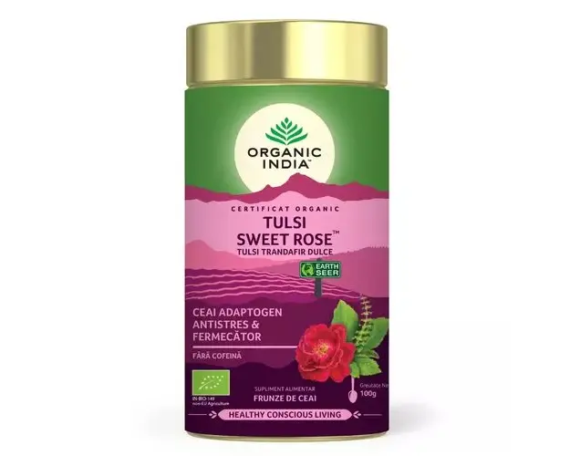 Ceai Tulsi Trandafir Dulce, Antistres & Fermecator 100g ECO| Organic India