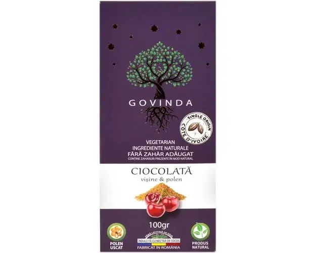 Ciocolata artizanala vegana Visine si Polen de albine, 100g | Govinda