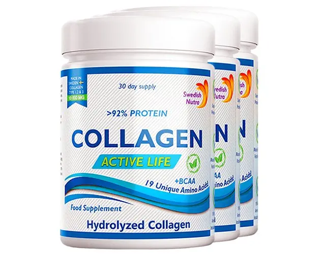 Pachet 3 x Colagen Hidrolizat Pulbere Tip 1, 2 si 3 Active Life cu 10.000 Mg, 300g | Swedish Nutra
