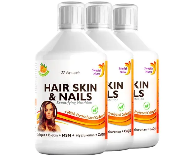 Pachet 3 x Hair Skin & Nails Colagen Lichid Hidrolizat 1000mg + 27 Ingrediente Active, 500 ml | Swedish Nutra