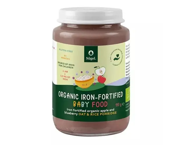 Terci de Ovaz si Orez Bio cu Mere, Afine si Adaos de Fier Organic, 6+ Luni, 190 g | Nôgel.
