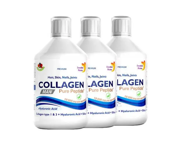 Pachet 3 x Colagen Lichid MAN pentru Barbati  Hidrolizat Tip 1 si 3 cu 10000Mg cu 9 Ingrediente Active , 500 ml | Swedish Nutra