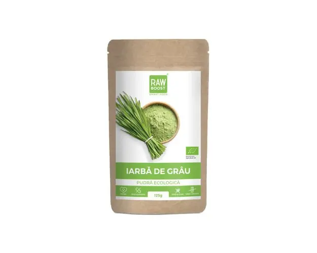 Iarba de Grau Pudra ECO - Puternic Alcalinizant, Ajuta la Eliminarea Bacteriilor şi a Toxinelor, 125g | Rawboost