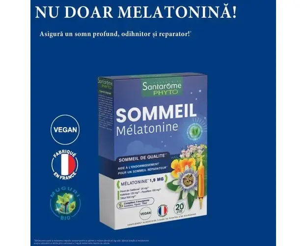 Sommeil Melatonina - Supliment pentru Somn Odihnitor, 20 fiole | Santarome Bio