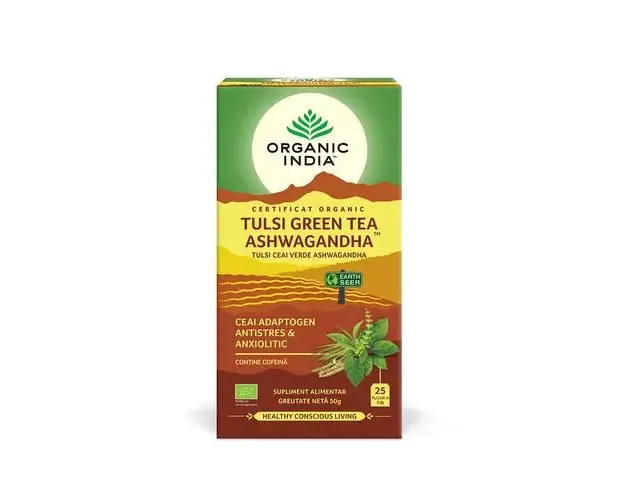 Ceai Tulsi Ashwagandha si Ceai Verde, Adaptogen & Anxiolitic, 25pl ECO | Organic India
