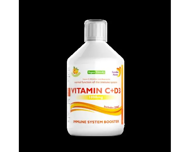Vitamina C Lichida 1000 Mg + Vitamina D3 + Zinc  Produs Vegan, Culoare si Aroma 100% Naturala, 500 ml | Swedish Nutra