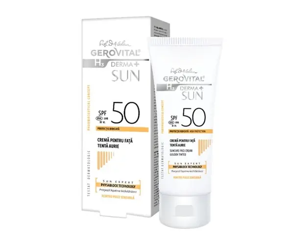 Crema pentru fata SPF 50 tenta aurie H3 Derma+ Sun, 50 ml, Gerovital