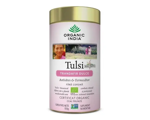 Organic India Ceai Tulsi Trandafir Dulce Antistres & Fermecator BIO, 100g