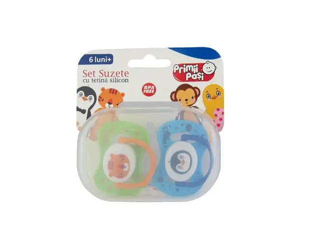 Primii Pasi JP1103 - Set 2 suzete silicon 6luni+, pinguin-tigru si maimuta-pui,6L+
