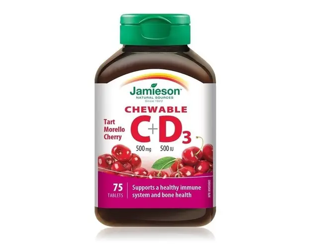 Jamieson Vitamina C 500 mg + D 500UI masticabila, aroma cirese, 75 tablete