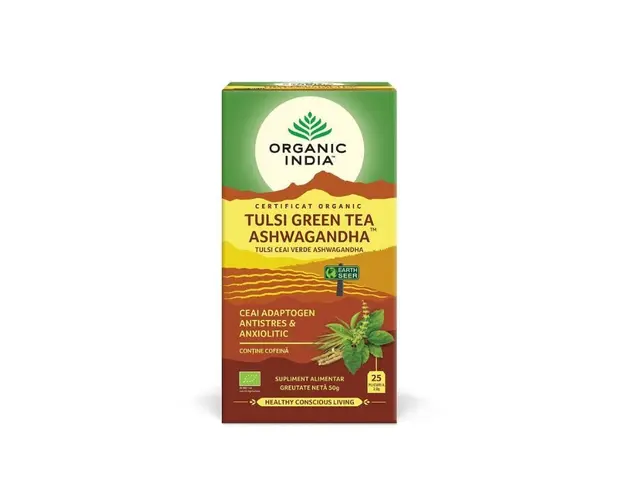 ORGANIC INDIA Ceai Tulsi Ashwagandha Ceai Verde, 25 plicuri