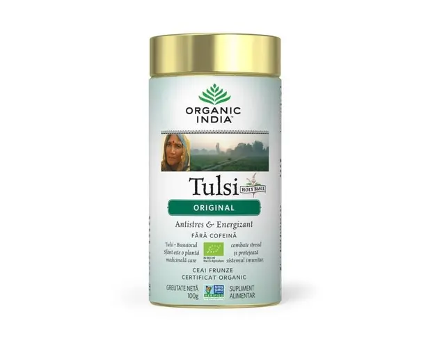 ORGANIC INDIA Ceai Tulsi (Busuioc Sfant) Original | Antistres Natural & Energizant 100g
