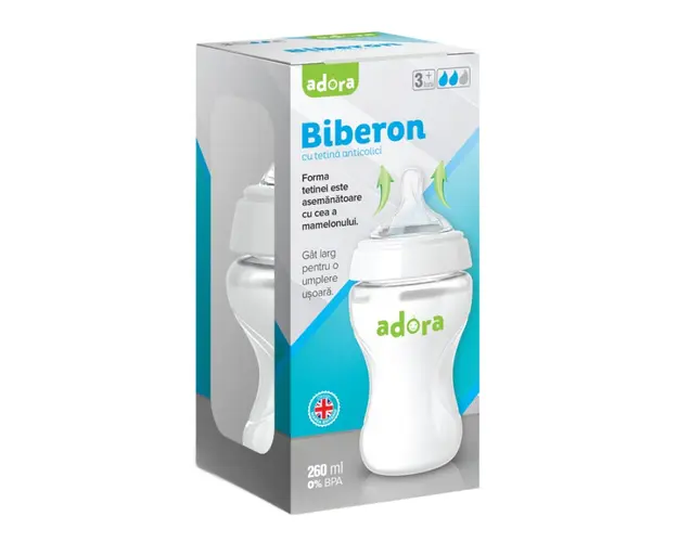 Biberon cu gat larg si tetina anticolici, 3-6 luni, 260ml, Adora 