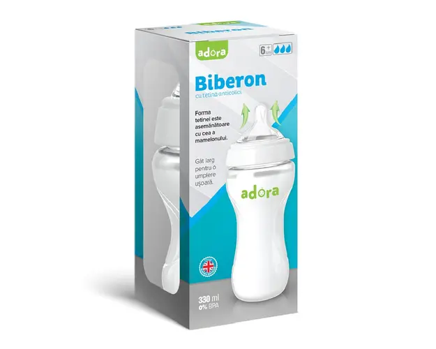 Biberon cu gat larg si tetina anticolici, 6 luni+, 330ml, Adora 