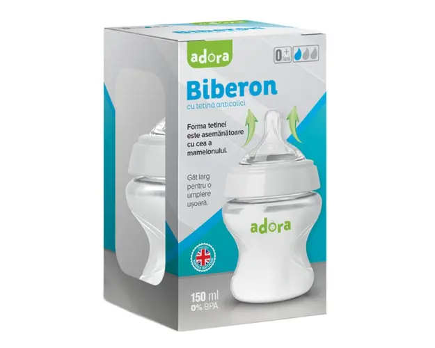 Biberon cu gat larg si tetina anticolici, 0-3 luni, 150ml, Adora 