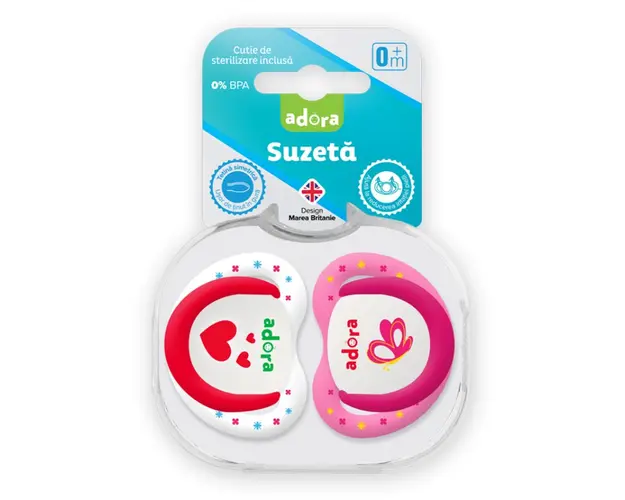 Suzeta din silicon, cu cutie de sterilizare, 0-6 luni, design fata, 2 bucati, Adora 