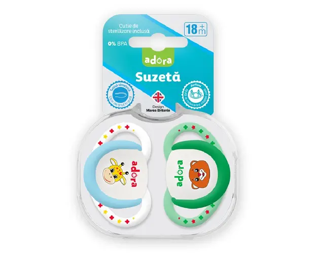 Suzeta din silicon, cu cutie de sterilizare, 18 luni +, design baiat, 2 bucati, Adora 