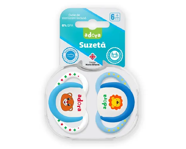Suzeta din silicon, cu cutie de sterilizare, 6-18 luni, design baiat, 2 bucati, Adora 