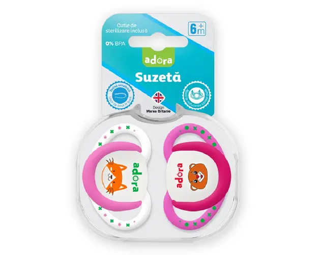 Suzeta din silicon, cu cutie de sterilizare, 6-18 luni, design fata, 2 bucati, Adora 