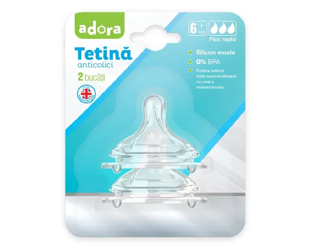 Tetina anticolici cu flux rapid, 6 luni+, 2 bucati, Adora 