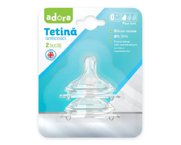 Tetina anticolici cu flux redus, 0-3 luni, 2 bucati, Adora 