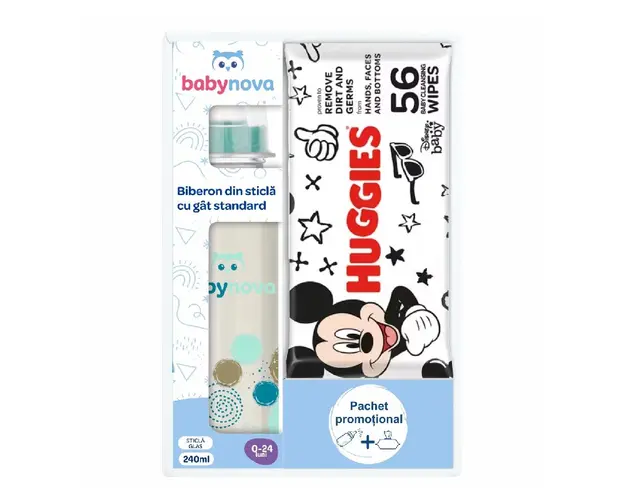 Pachet Biberon din sticla Baby Nova + Servetele umede Huggies Disney