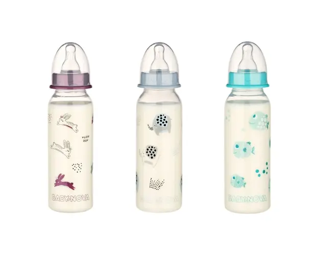 Biberon PP, fara BPA, tetina rotunda, flux mediu, diverse modele, 240ml, 1 bucata, Babynova