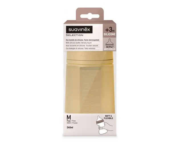 Biberon din silicon SX Pro Colour Essence, debit mediu, mustar, 240ml, Suavinex 