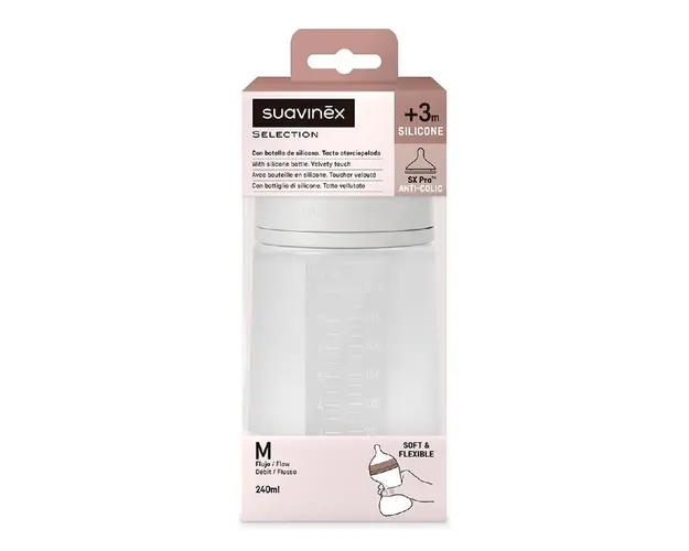 Biberon din silicon SX Pro Colour Essence, debit mediu, transparent, 240ml, Suavinex 