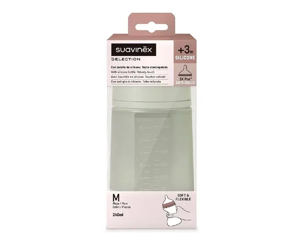 Biberon din silicon SX Pro Colour Essence, debit mediu, verde, 240ml, Suavinex 