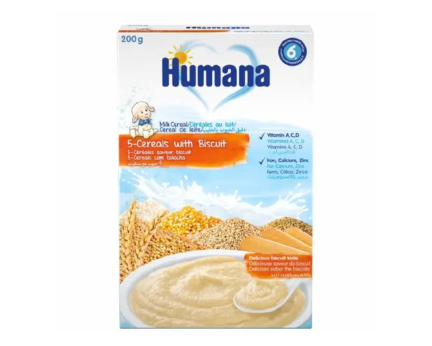 Cereale cu lapte, cu 5 cereale si biscuiti, 200 gr, Humana