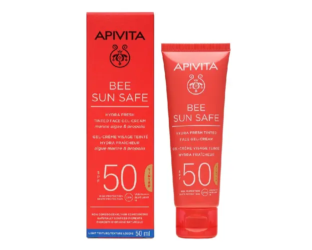 Crema gel colorata protectie solara ten SPF50, Hydra Fresh Tinted Bee Sun Safe, 50 ml, Apivita