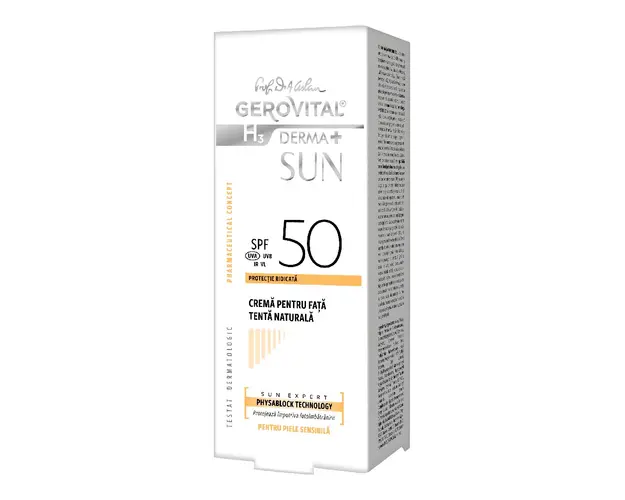 Crema pentru fata SPF 50 tenta naturala H3 Derma+ Sun, 50 ml, Gerovital