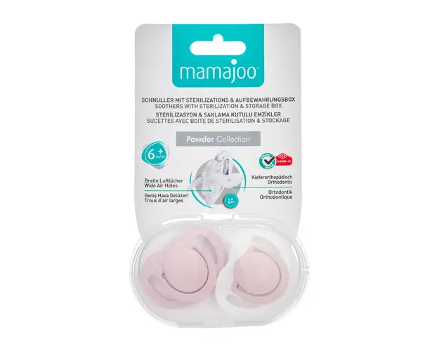 Suzete ortodontice roz pudrat, cutie de sterilizare si depozitare, 6m+, 2 bucati, Mamajoo