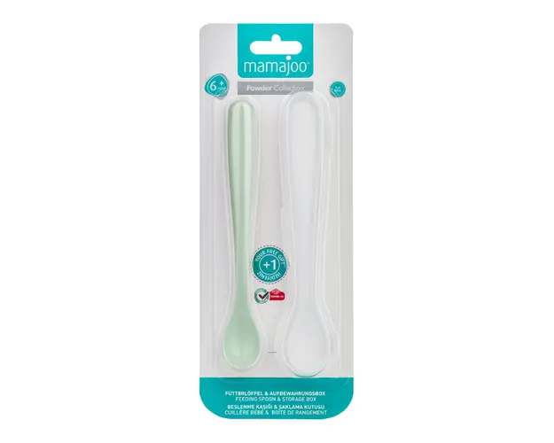 Set Linguri hranire, verde praf / alb si cutie de depozitare transparenta, 1 bucata, Mamajoo 