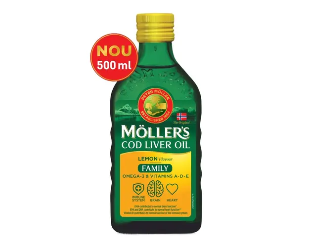 Cod liver oil Omega 3 cu aroma de lamaie Family, 500 ml, Moller's