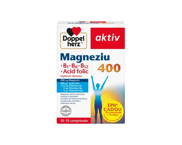 Magnesium 400 + Acid folic + Vitamina B1+B6+B12, 30+10 comprimate, Doppelherz