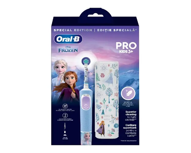 Periuta de dinti electrica + trusa de calatorie Vitality Pro Kids Frozen, pentru copii 3+ ani, Oral-B