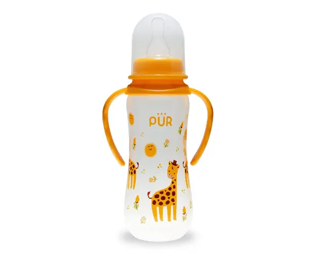 Biberon cu desen si manere, galben, +6 luni, 250ml, PUR 