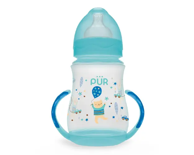 Biberon cu gura larga, desen si manere, verde, +6luni, 250ml, PUR 