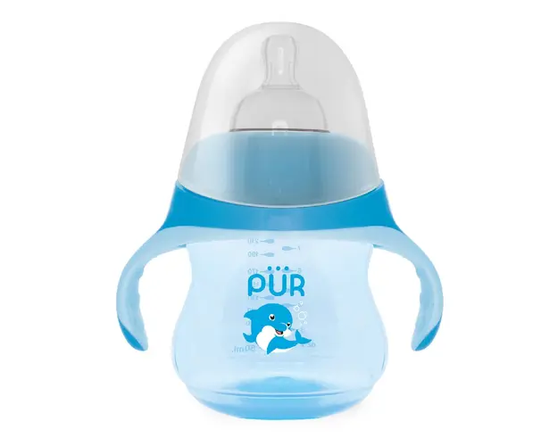 Biberon cu manere tip delfin, albastru, 230ml, PUR 