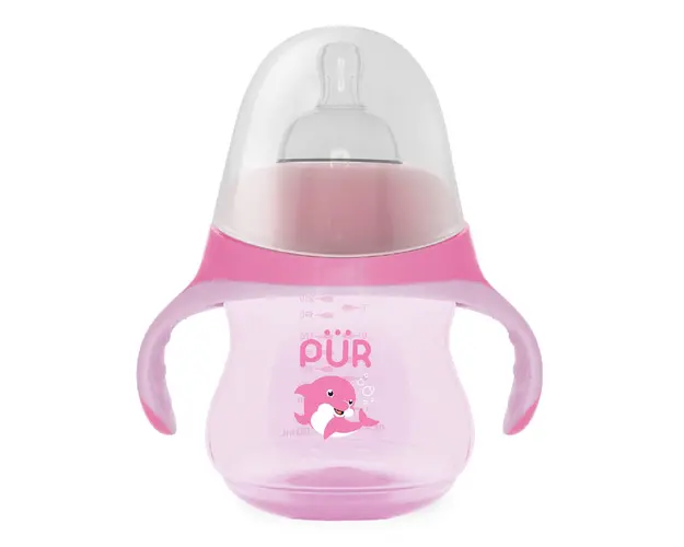 Biberon cu manere tip delfin, roz, 230ml, PUR 