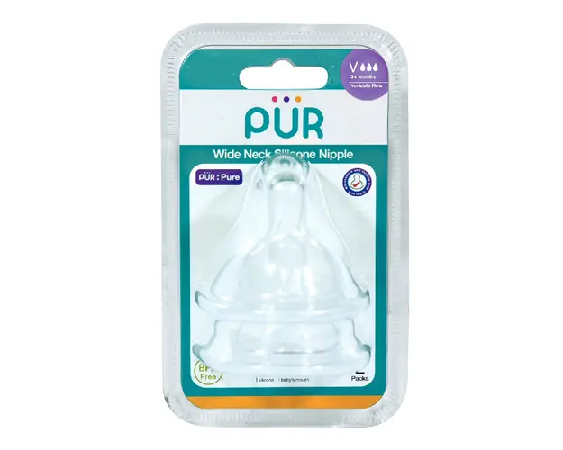 Set 2 tetine silicon pentru biberon cu gura larga, marime V, +3 luni, PUR 