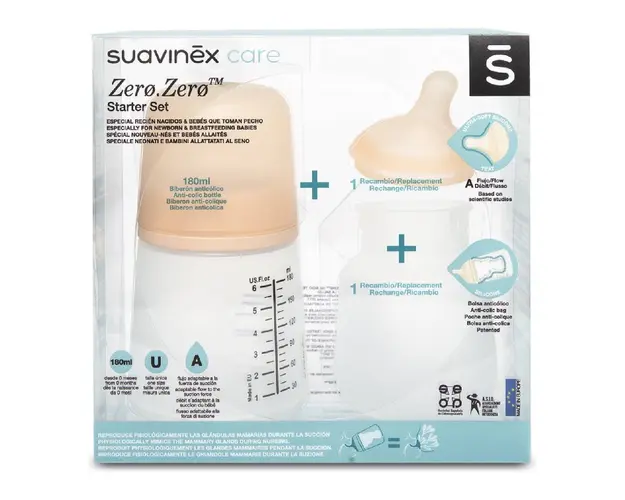 Set biberon anticolici 180ml, tetina si saculet din silicon, Suavinex