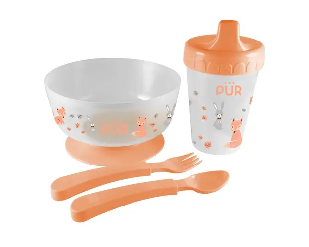 Set pentru masa bol cu tacamuri si cana, portocaliu, +6 Luni, PUR